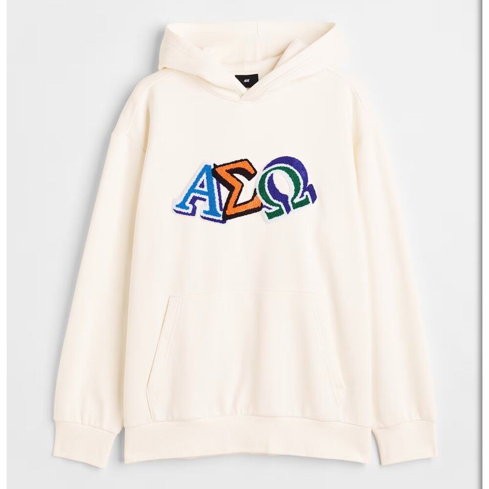 H&M Hoodie Men’s XL Long Sleeve White Relaxed Fit Greek Letters